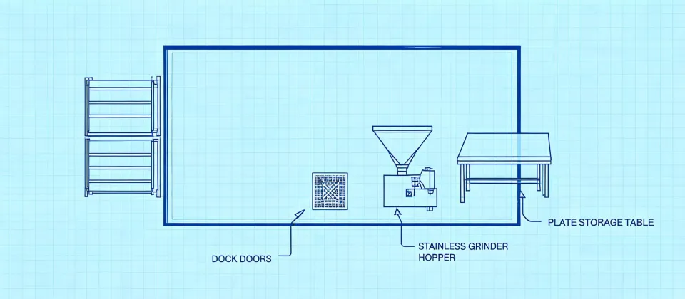 Schematic plant layout of a grinding cell with hopper, plate table and dock doors, not a real street map