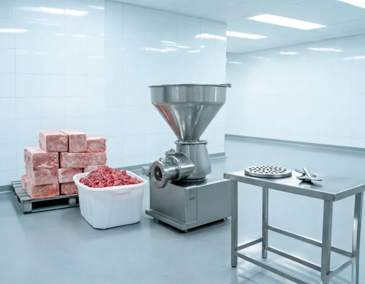 Stainless meat grinder hopper beside frozen blocks and a plate-and-knife set on a hygienic plant floor